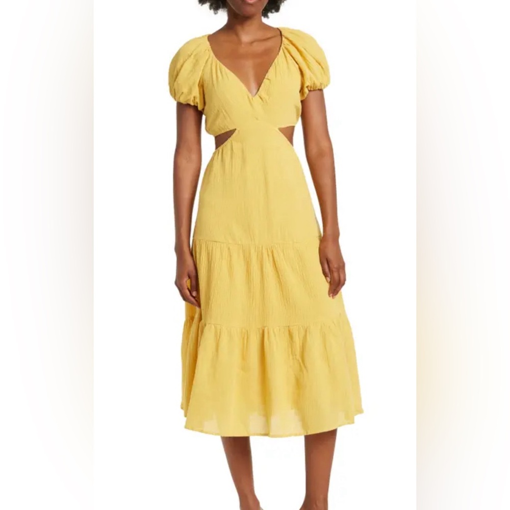 Puff Sleeve CutOut Gauze Midi Dress - Mustard size M